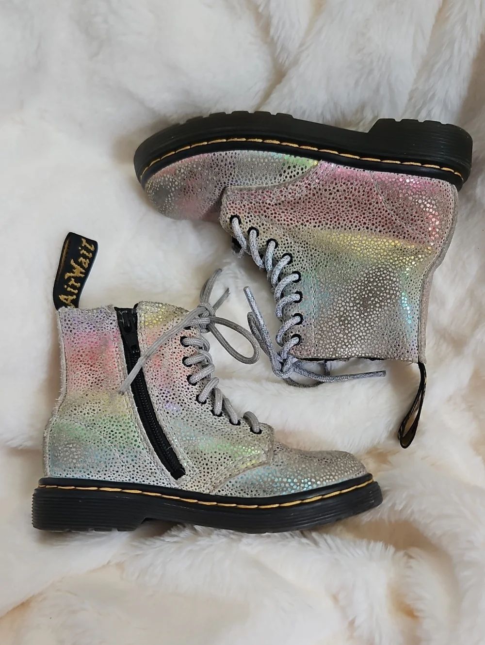Dr. Martens Kids Iridescent Holographic Lace-Up Boots in Silver and Pastel